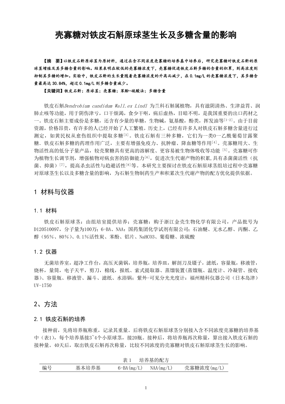 壳寡糖对铁皮石斛原球茎生长及多糖含量的影响毕业论文_第1页