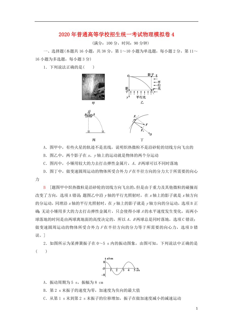 2020年普通高等学校招生统一考试物理模拟卷4_第1页