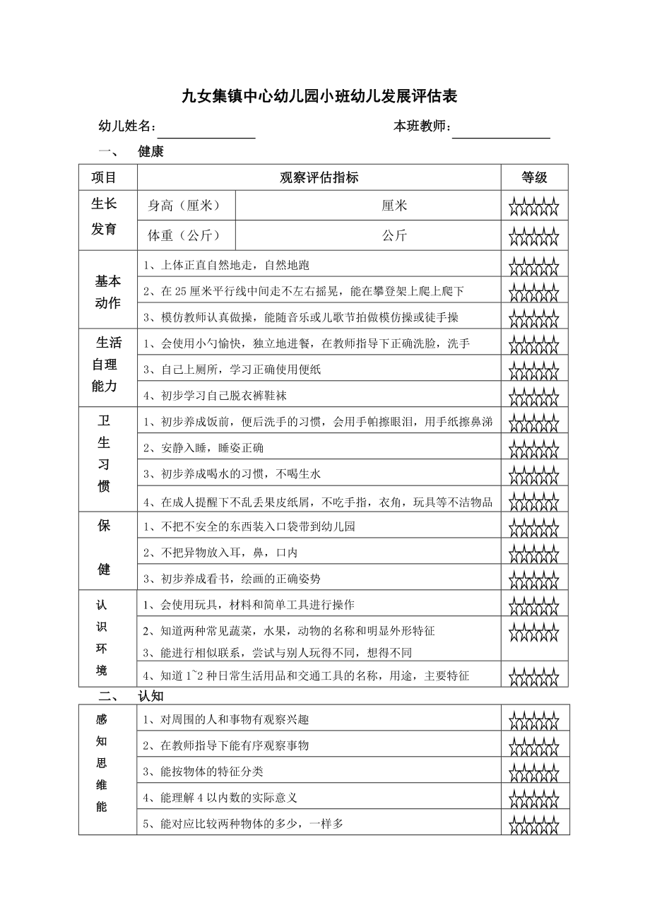 星星幼儿园小班幼儿发展评估表_第1页