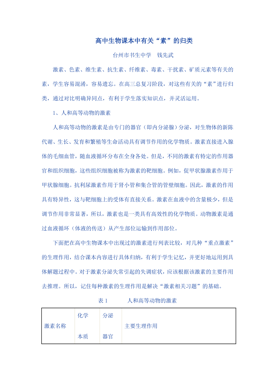 高中生物课本中有关素_第1页