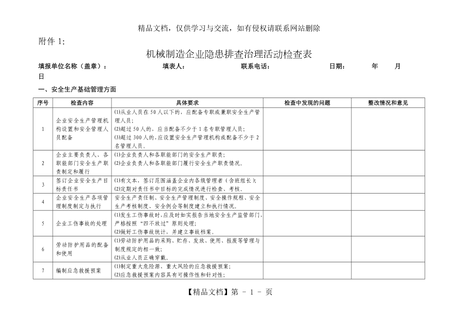 机械制造企业隐患排查治理活动检查表要点_第1页