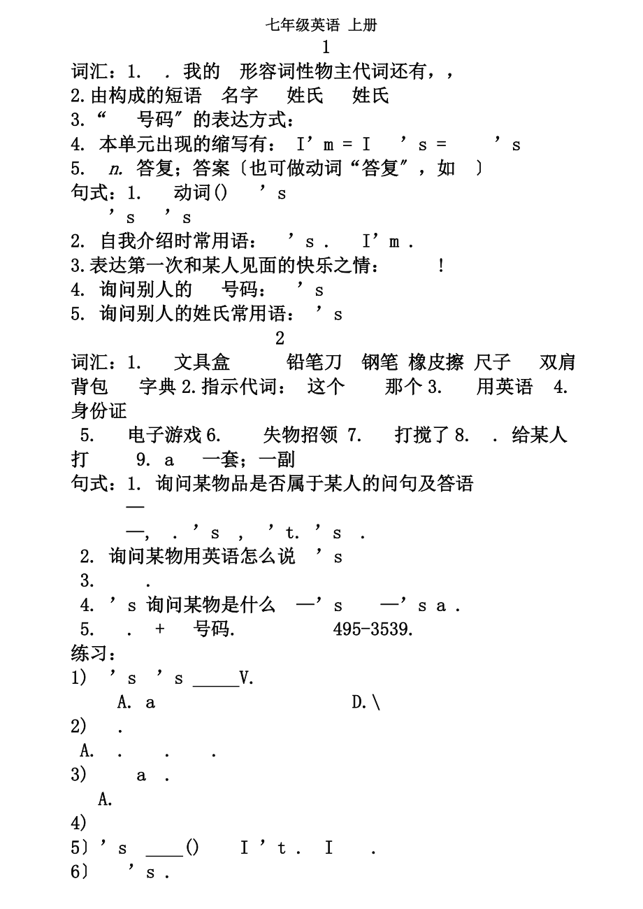 人教版七年级英语上册知识点总结及习题_第1页