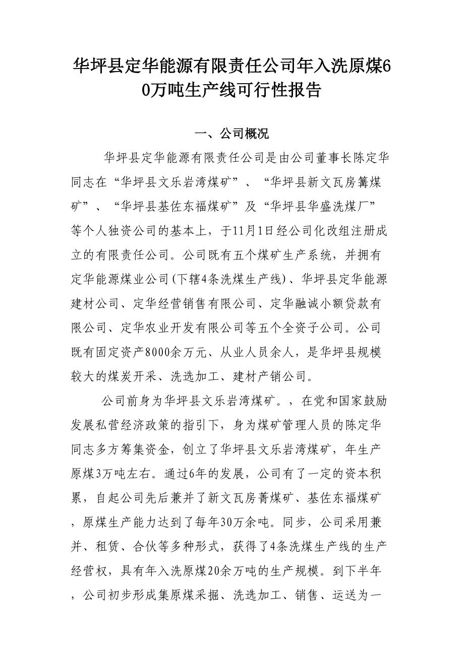 入洗原煤60万吨生产线可行报告_第1页