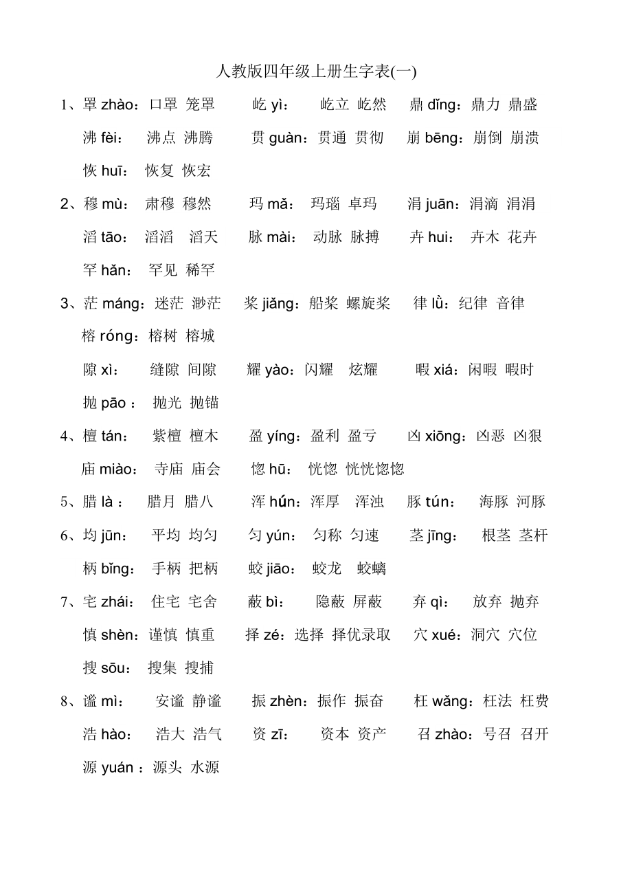 人教版四年级(上册)语文生字表注音及组词_第1页