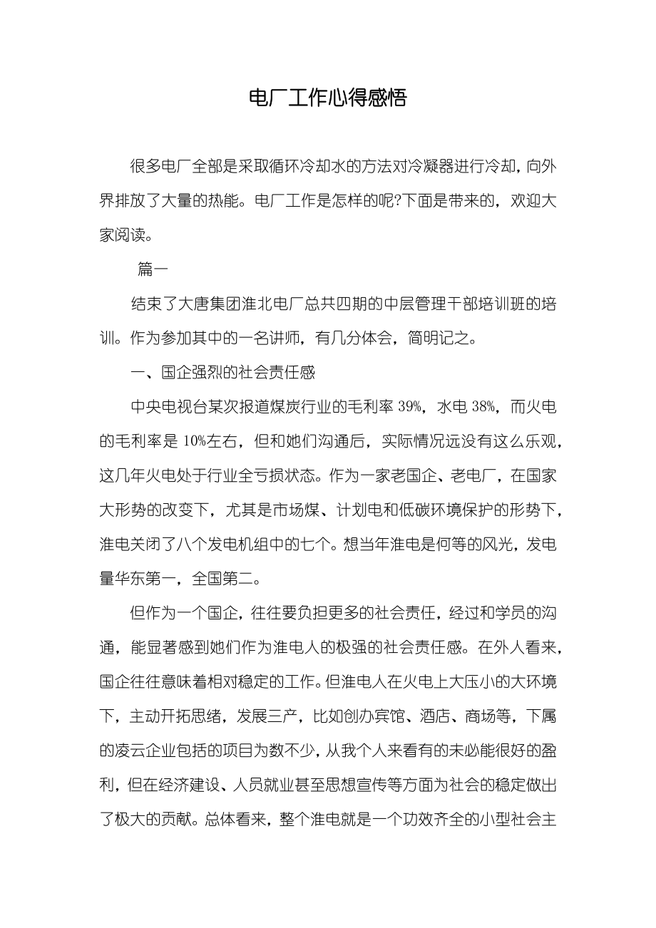 电厂工作心得感悟_第1页