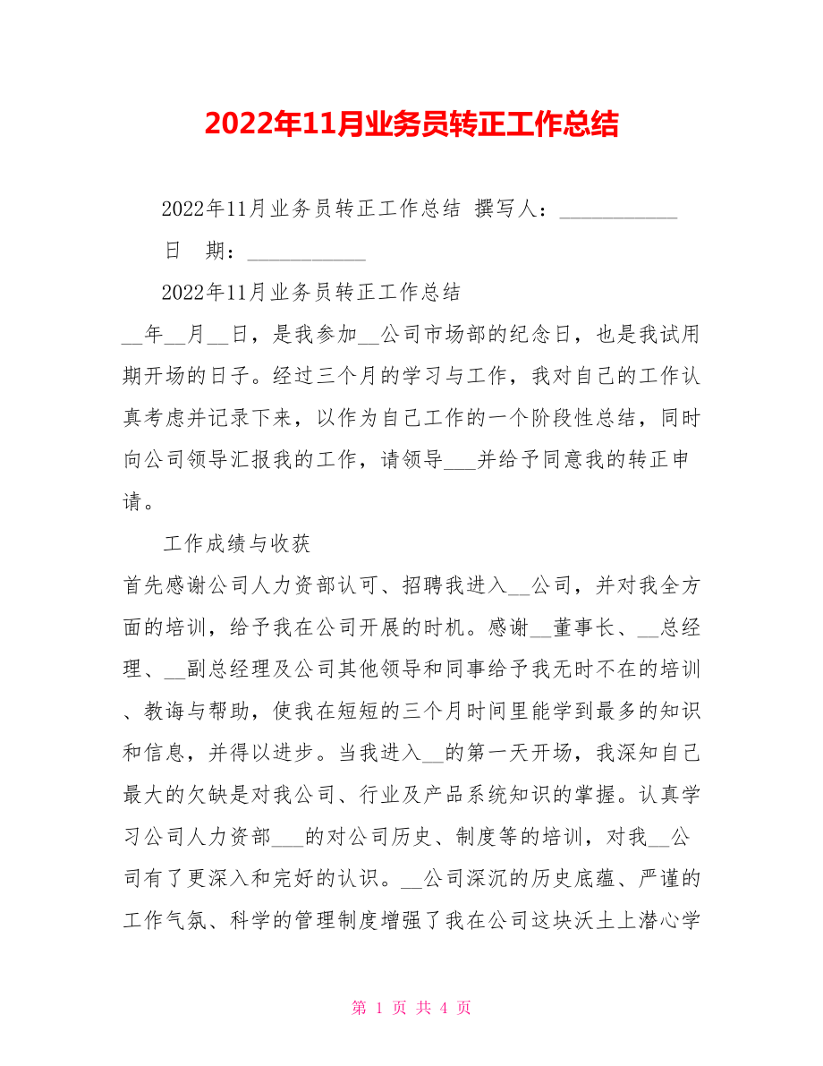 2022年11月业务员转正工作总结_第1页