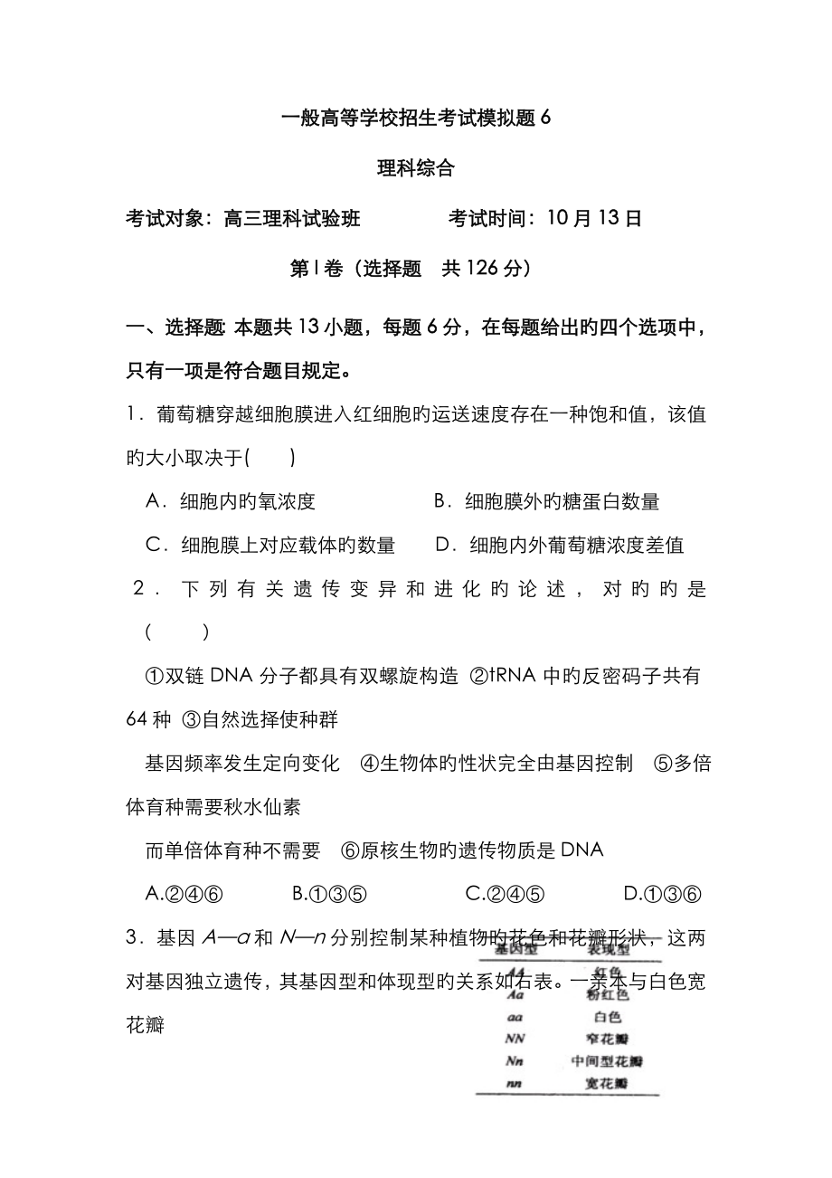 1009理科综合周周练6用_第1页
