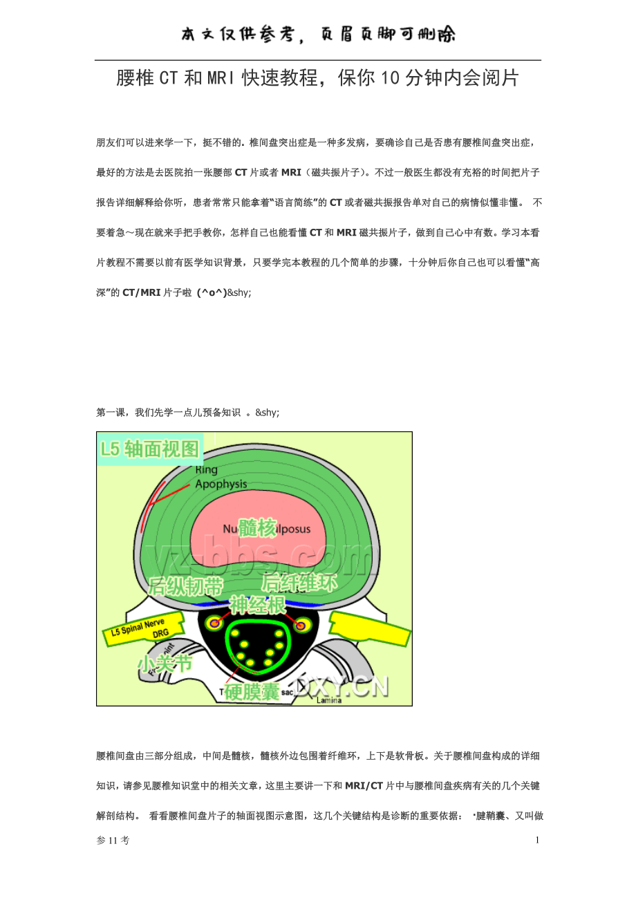 腰椎CT和MRI快速教程保你10分钟内会阅片特制借鉴_第1页