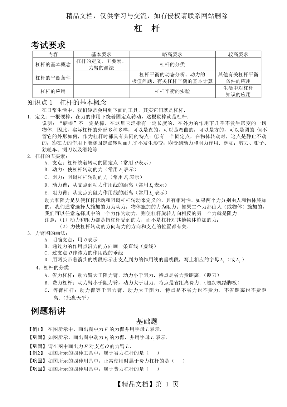 初中物理杠杆复习资料_第1页