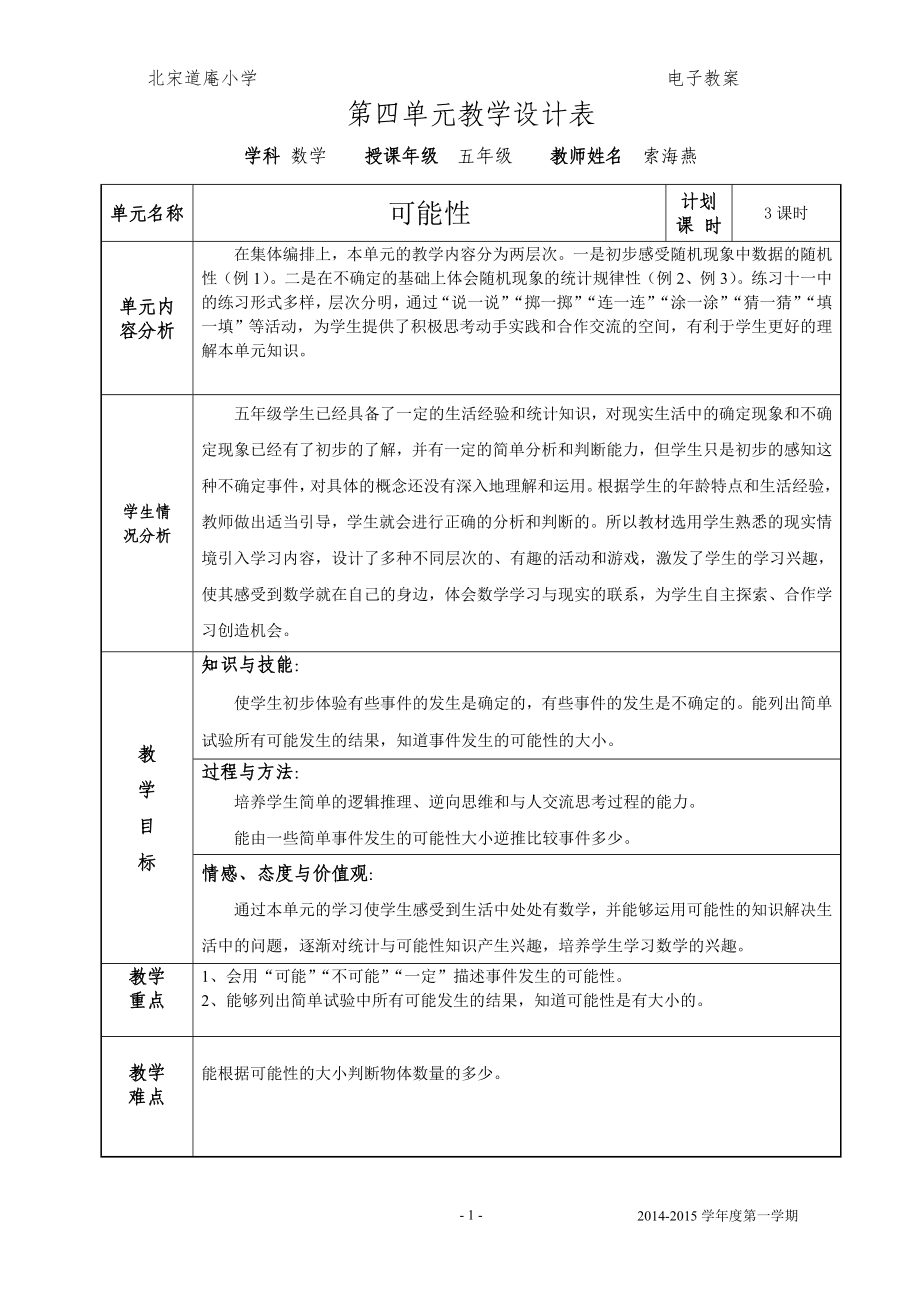 新人教版五年级数学上册-第四单元单元备课_第1页
