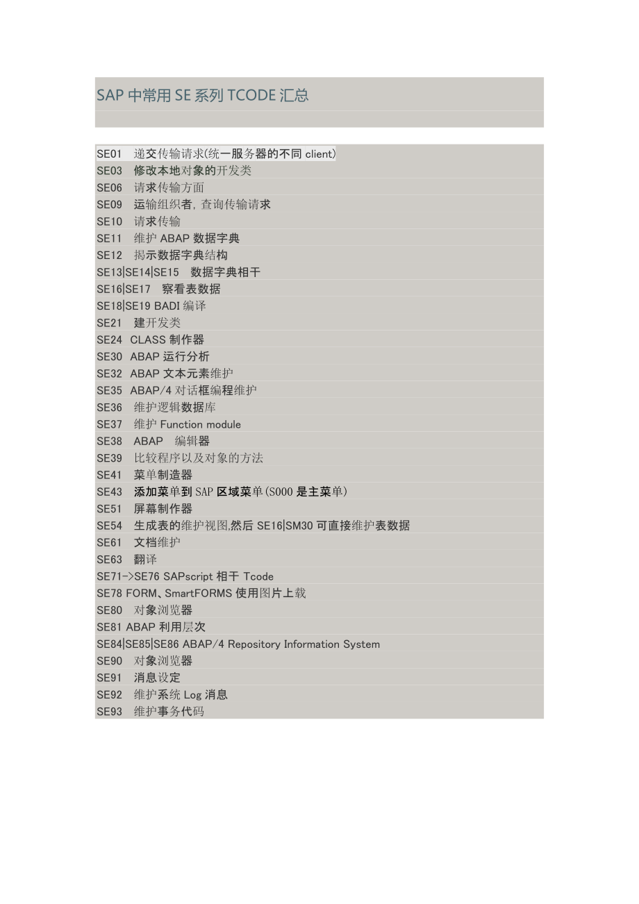 SAP中常用SE系列TCODE汇总_第1页