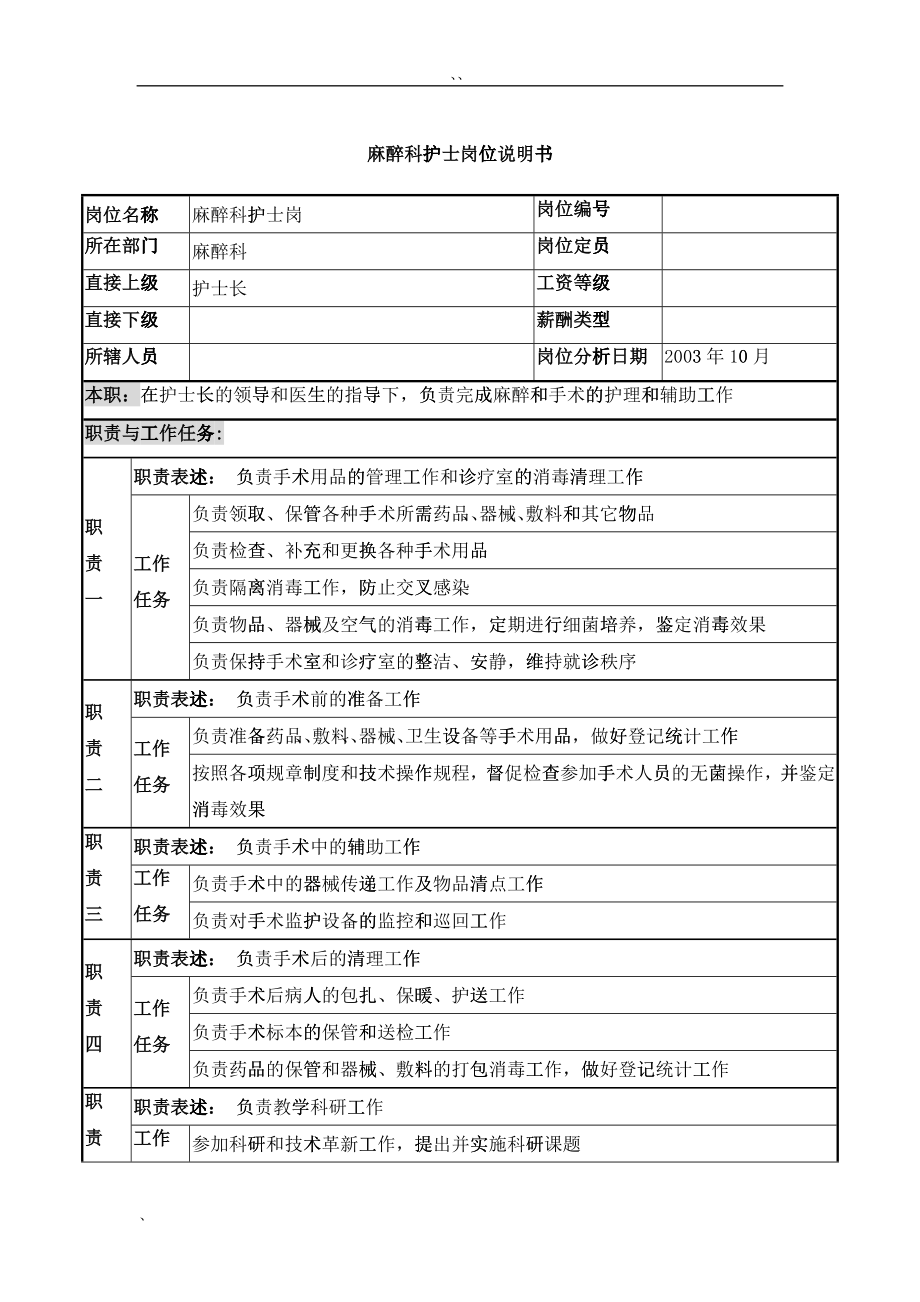 湖北新华医院麻醉科护士岗位说明书_第1页