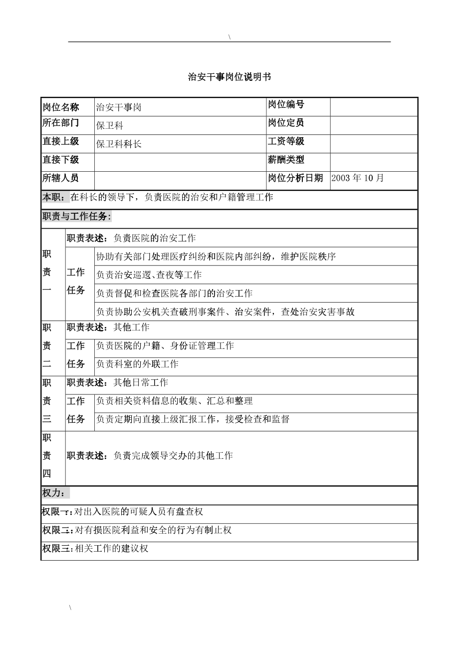 湖北新华医院保卫科治安干事岗位说明书_第1页