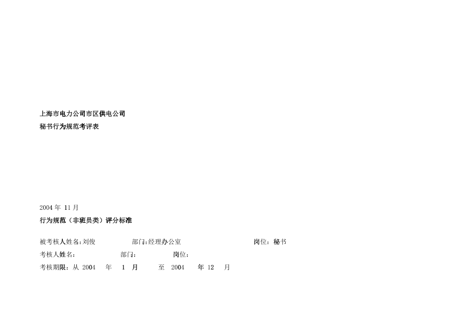 上海市电力公司市区供电公司秘书行为规范考评表_第1页