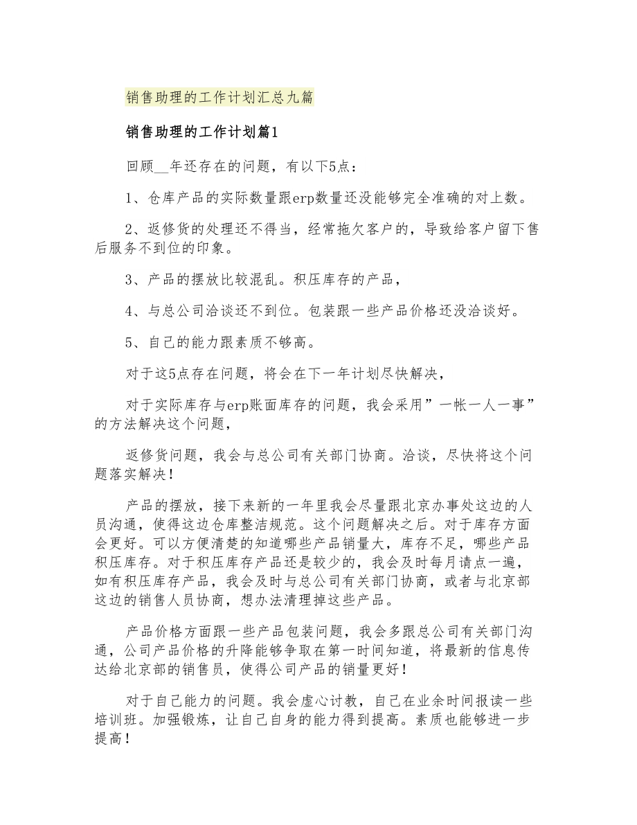 2021年销售助理的工作计划汇总九篇_第1页