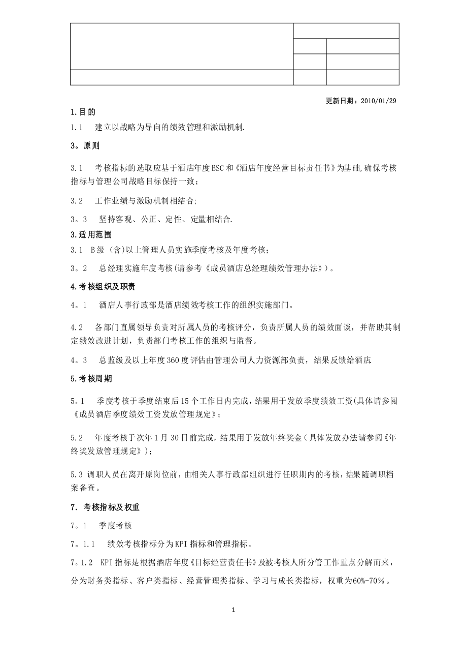 四季酒店管理人员绩效管理办法_第1页