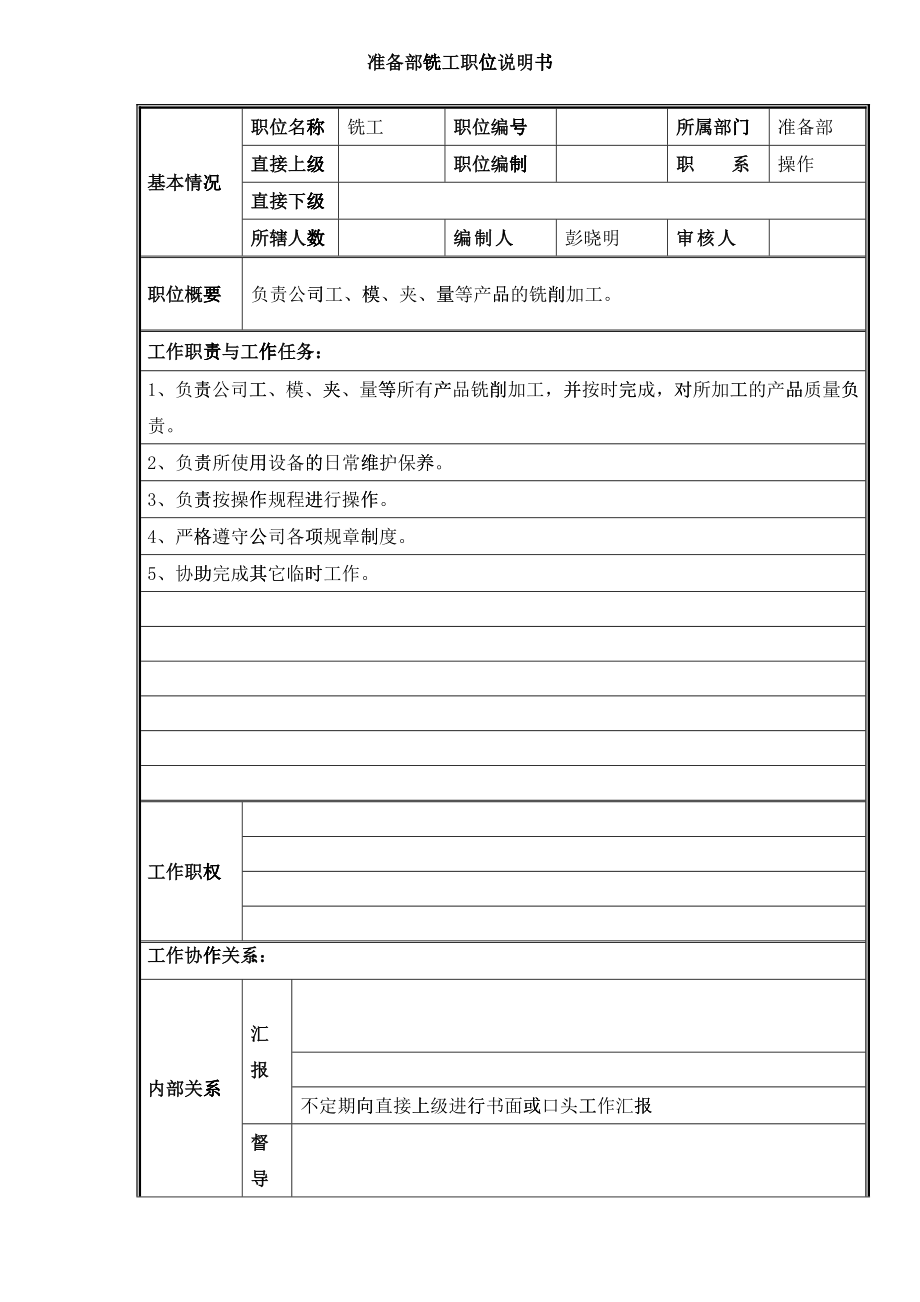 准备部铣工职位说明书_第1页