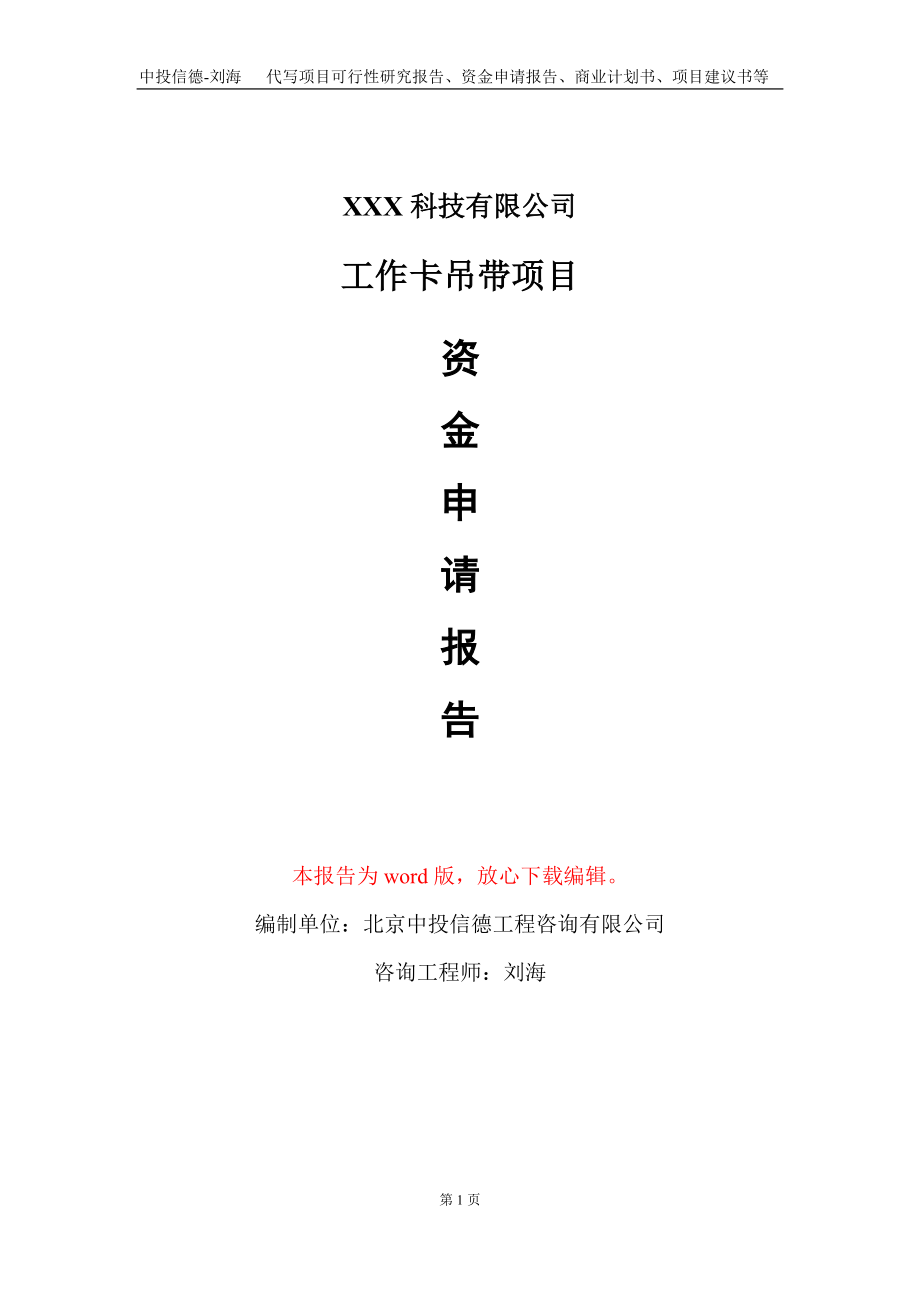 工作卡吊带项目资金申请报告写作模板-定制代写_第1页