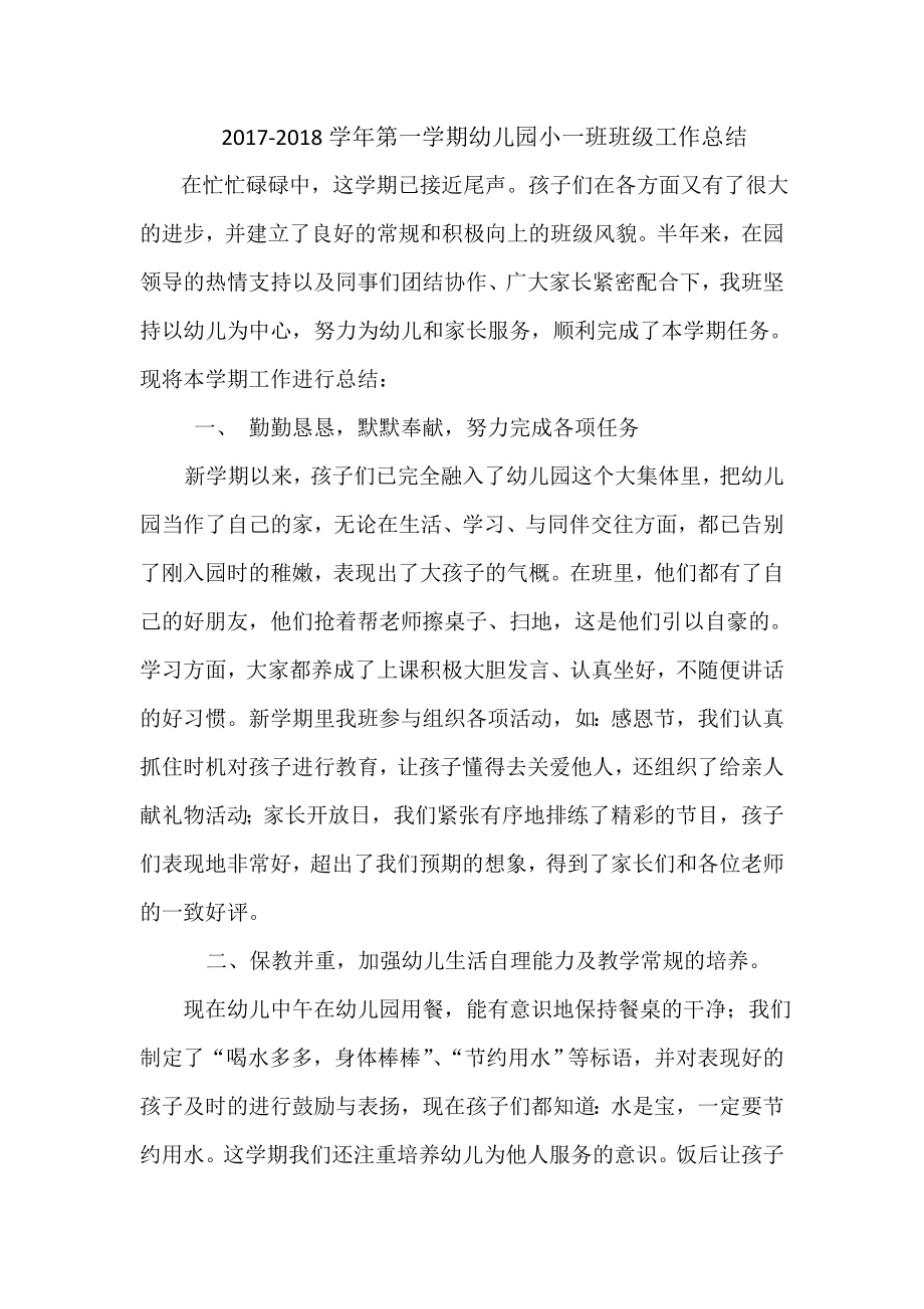 幼儿园小班工作总结_第1页