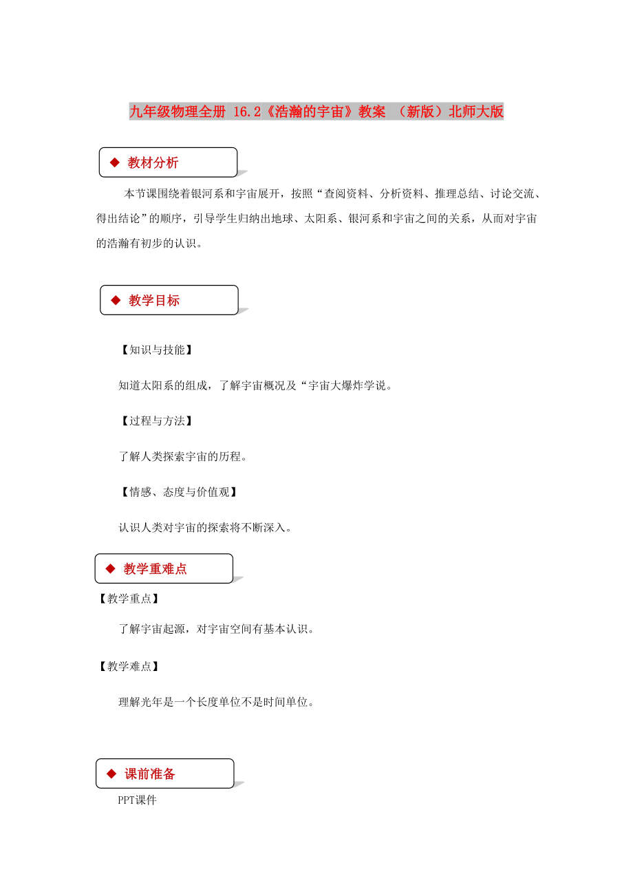 九年级物理全册 16.2《浩瀚的宇宙》教案 （新版）北师大版_第1页
