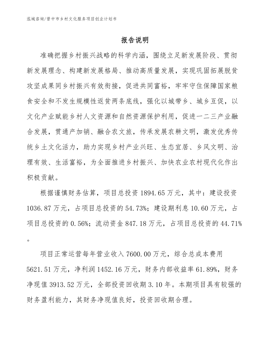 晋中市乡村文化服务项目创业计划书范文模板_第1页