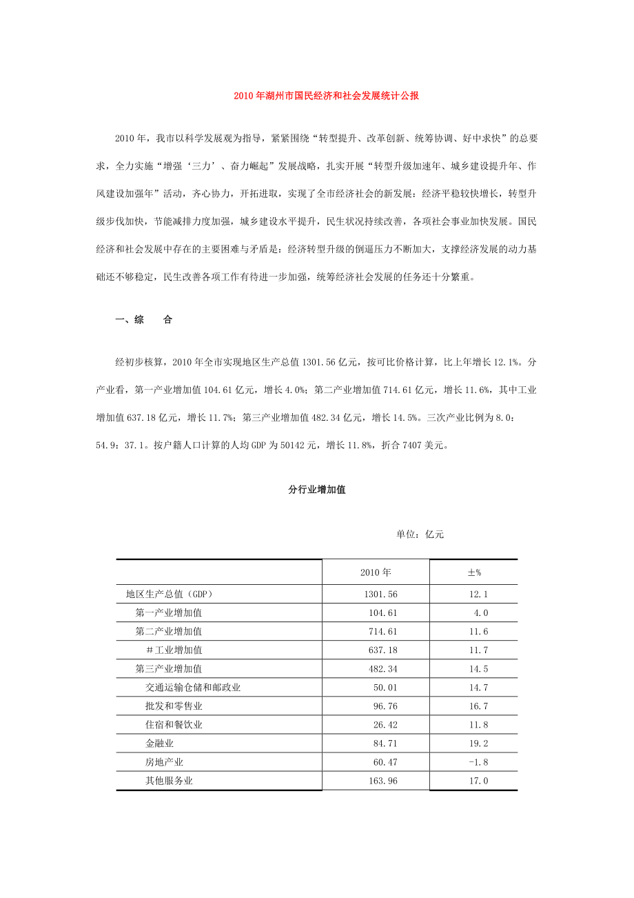 XXXX年湖州市国民经济和社会发展统计公报_第1页