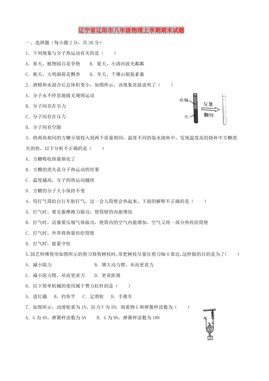 辽宁省辽阳市八年级物理上学期期末试题_第1页