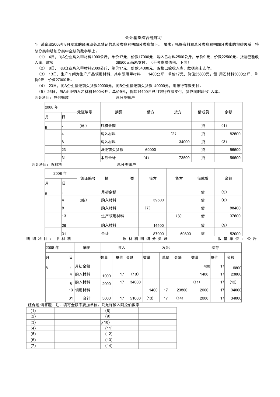 会计基础综合题练习(含答案)_第1页