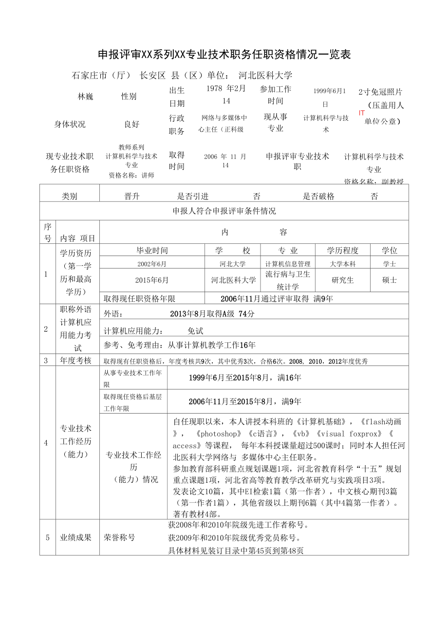 申报评审XX系列XX专业技术职务任职资格情况一览表_第1页