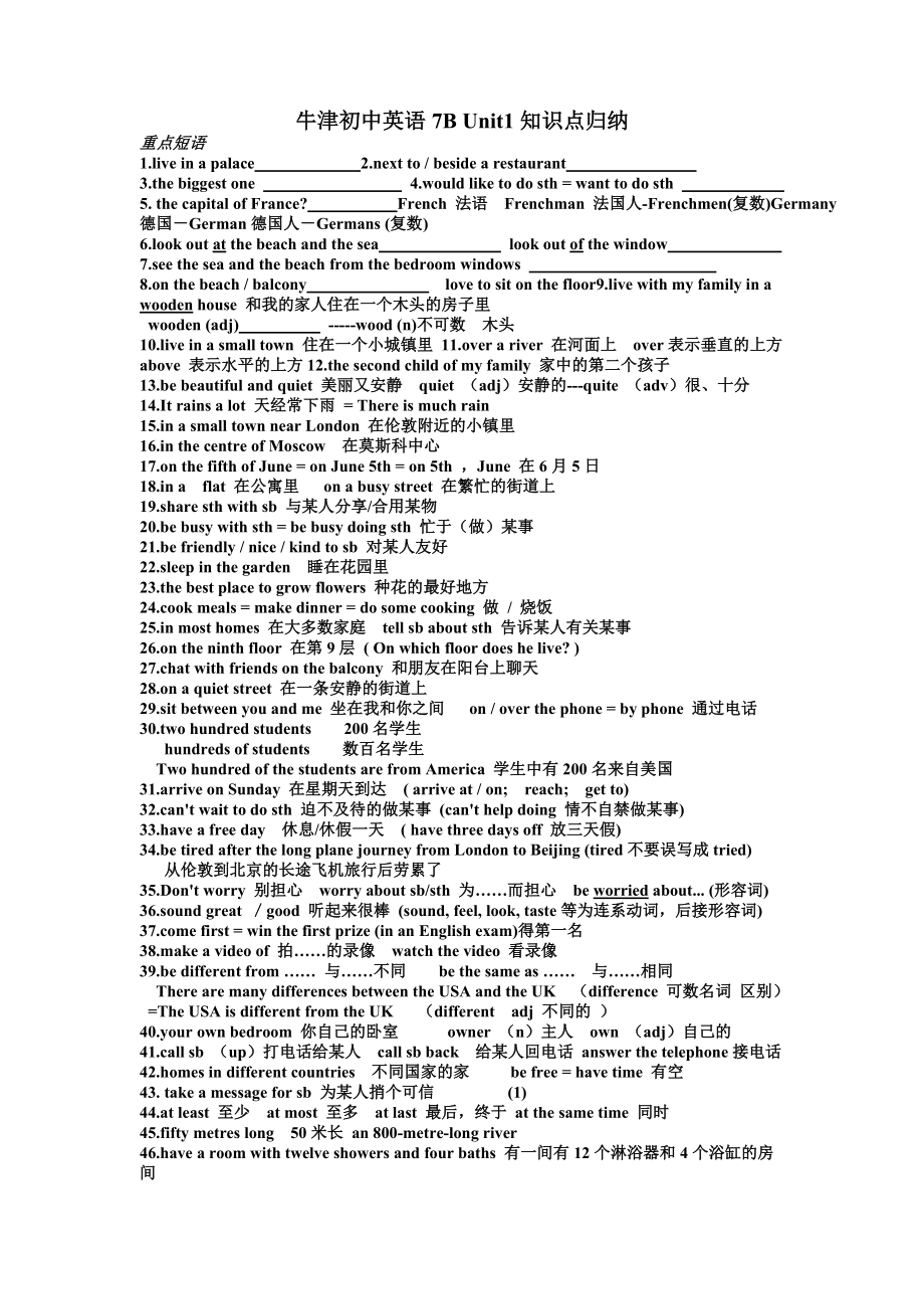 牛津初中英语7B_Unit1知识点归纳_第1页