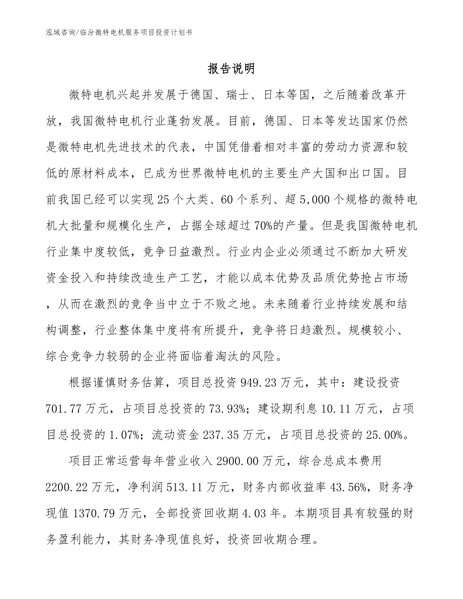 临汾微特电机服务项目投资计划书【参考范文】_第1页