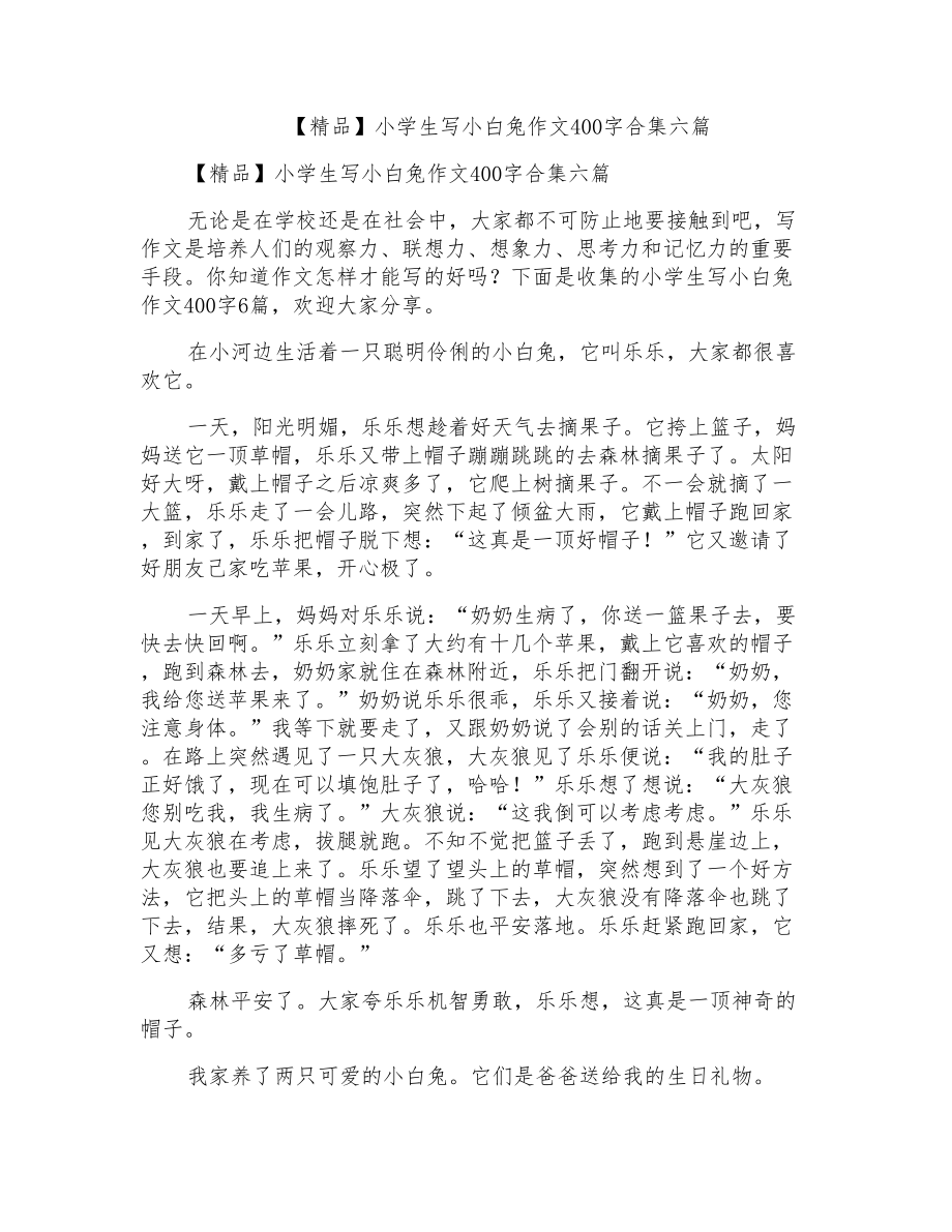 小学生写小白兔作文400字合集六篇_第1页