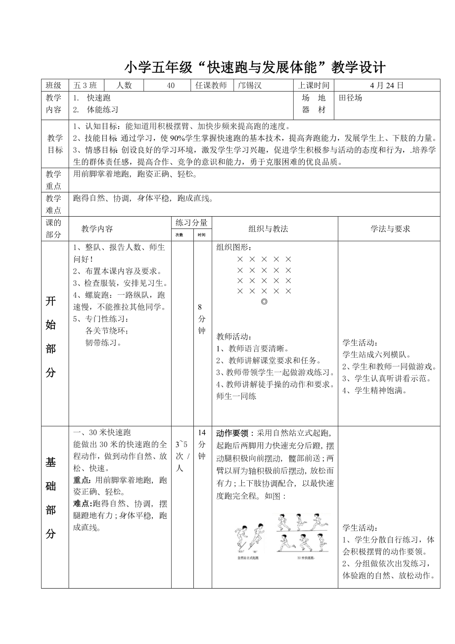 小学五年级“快速跑与发展体能”教学设计_第1页