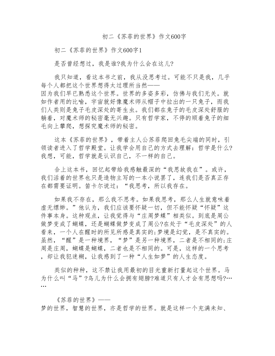 初二《苏菲的世界》作文600字_第1页