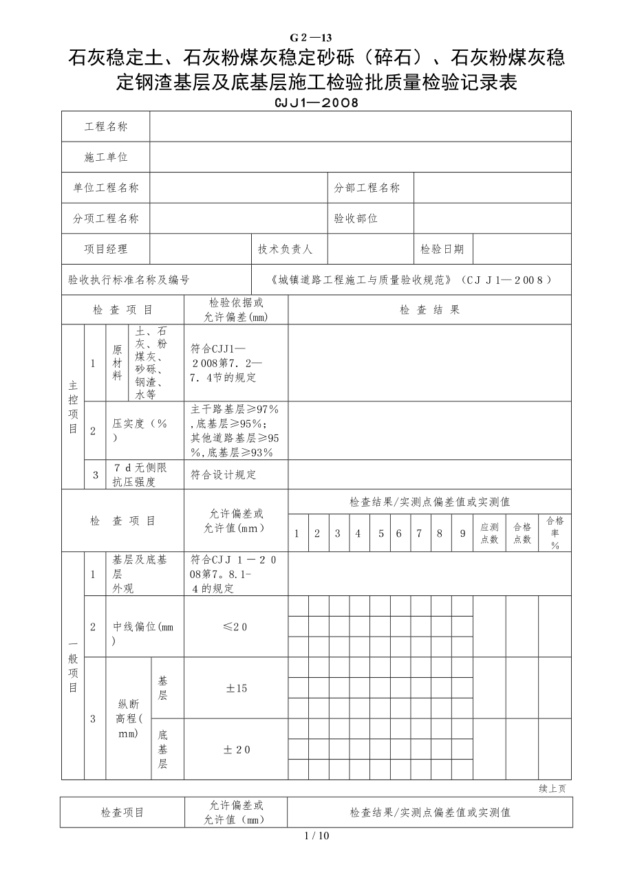 kAg2-13石灰稳定土、石灰粉煤灰稳定砂砾(碎石)、石灰粉煤灰稳定钢渣基层及底基层施工检验批质量检验记录_第1页