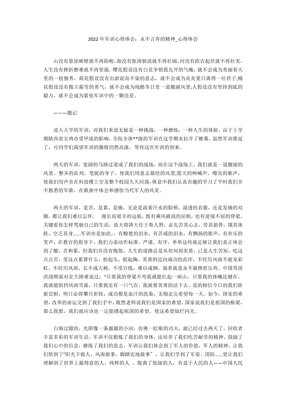 2022年军训心得体会：永不言弃的精神_第1页