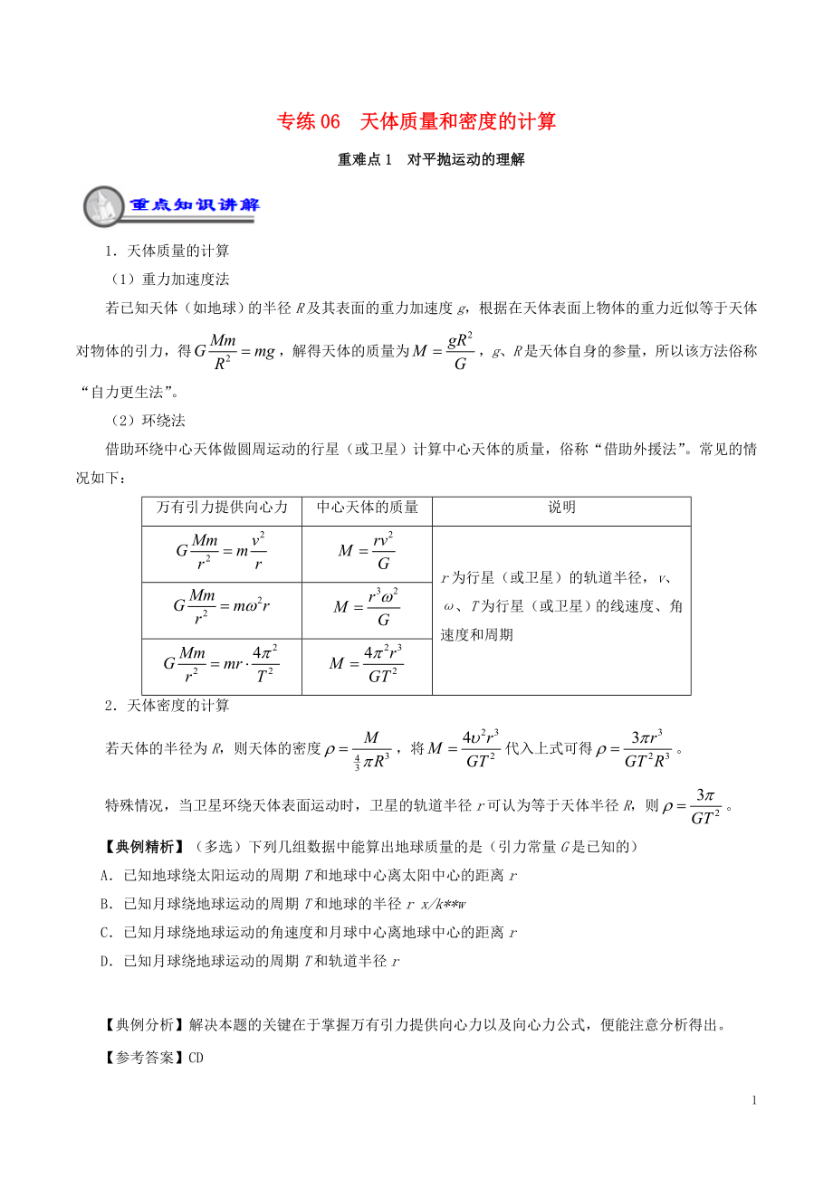 2018_2019学年高一物理暑假作业06万有引力定律的应用重难点通关_第1页