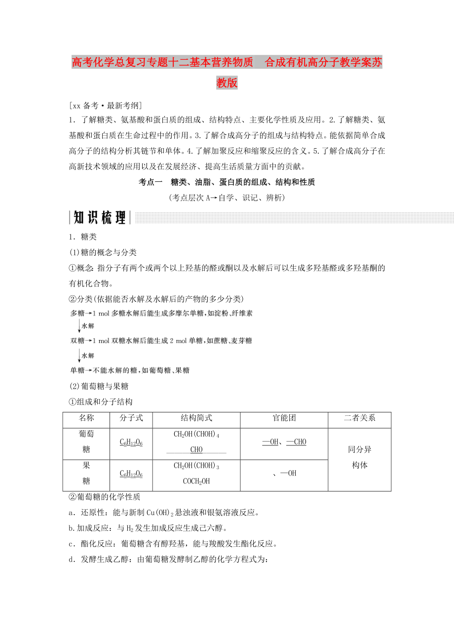 高考化学总复习专题十二基本营养物质　合成有机高分子教学案苏教版_第1页