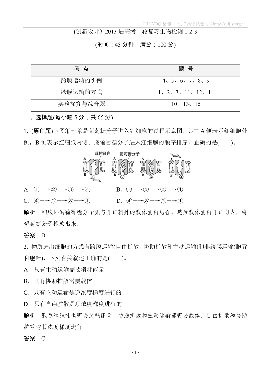 (创新设计）2013届高考一轮复习生物检测1-2-3_第1页