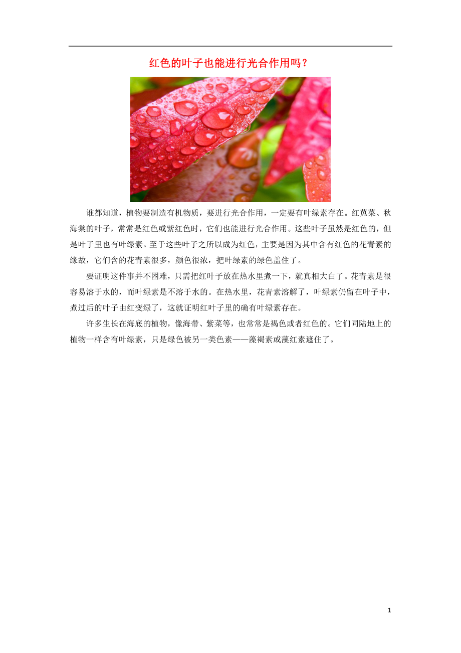 七年级生物上册3.4.1绿色植物的光合作用红色的叶子也能进行光合作用吗拓展资料新版苏科版_第1页
