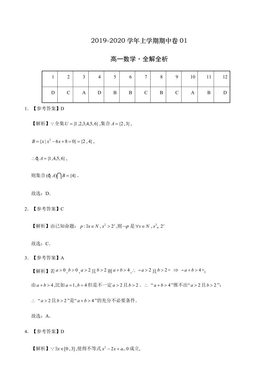 2020-2021学年高一数学上学期期中测试卷01（人教A版2019）（全解全析）[共9页]_第1页