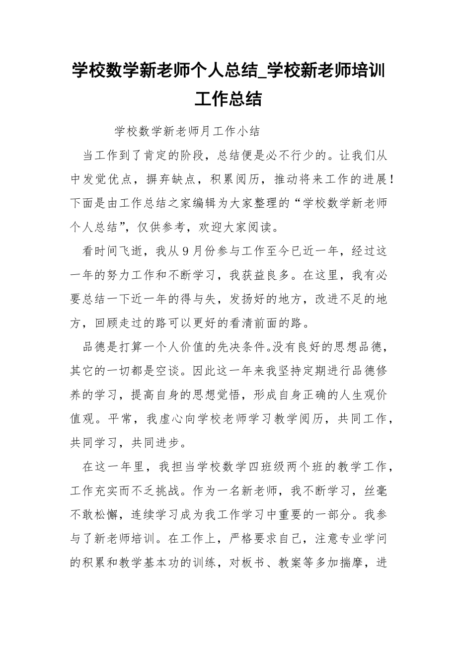 学校数学新老师个人总结_第1页