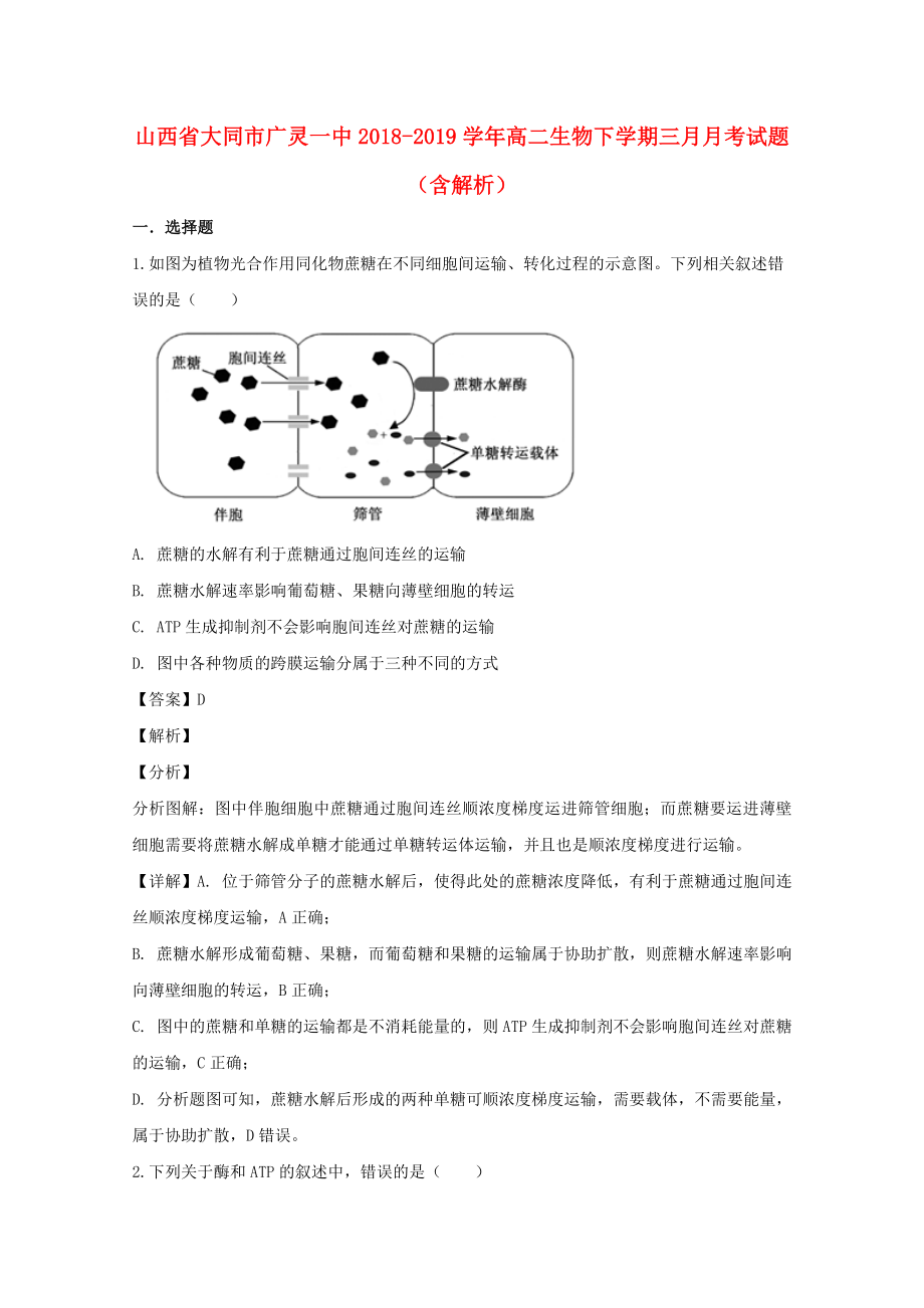 山西省大同市广灵一中2018-2019学年高二生物下学期三月月考试题含解析_第1页