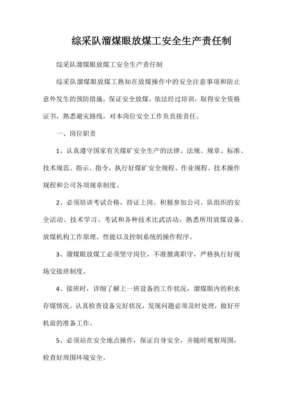 综采队溜煤眼放煤工安全生产责任制_第1页
