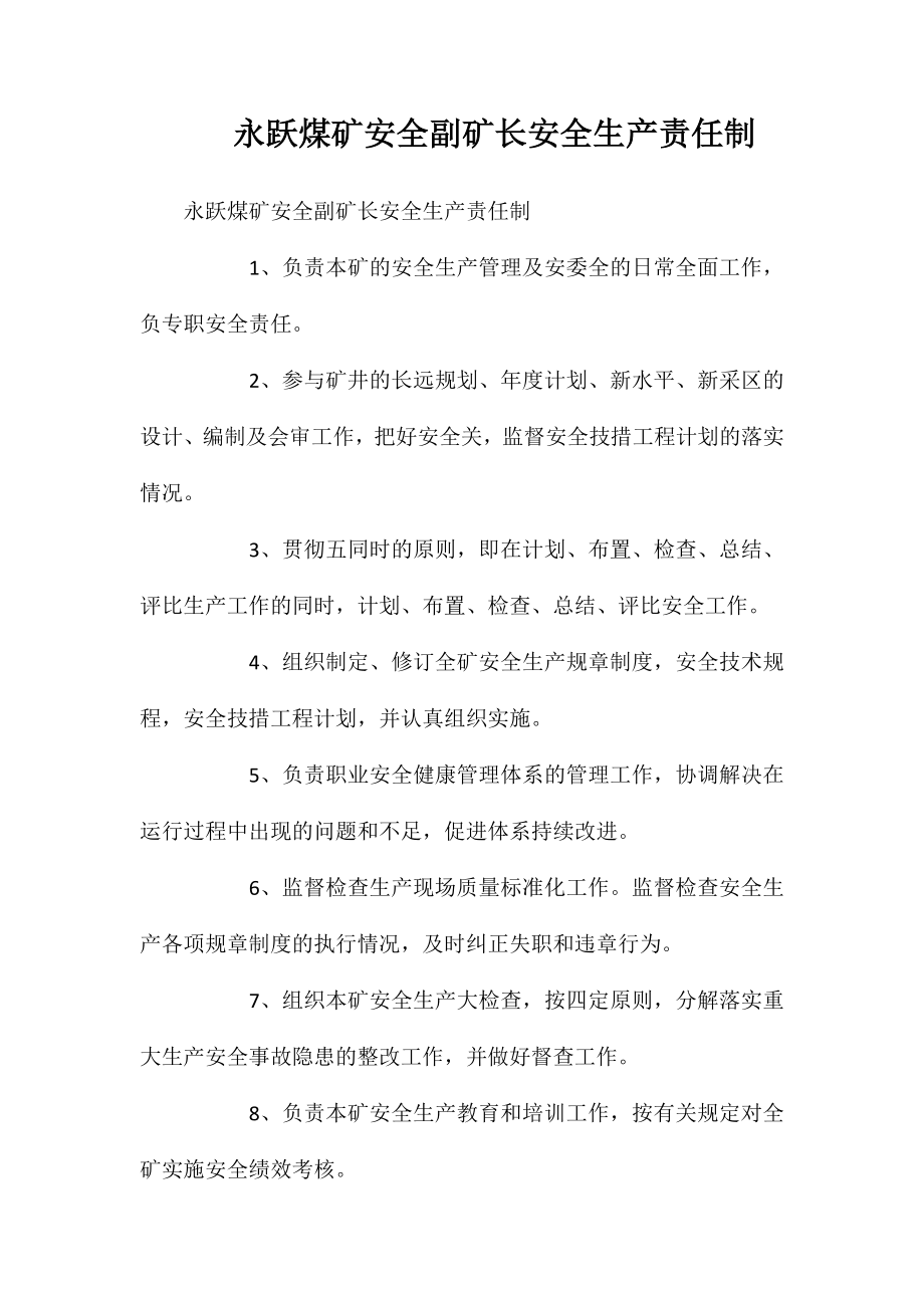 永跃煤矿安全副矿长安全生产责任制_第1页