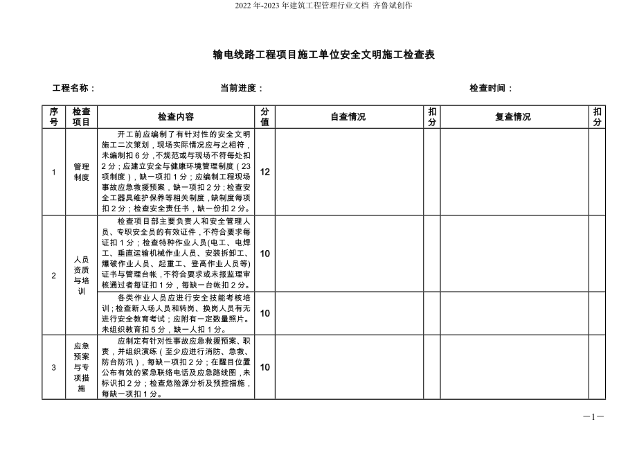 输电线路工程项目施工单位安全文明施工检查表_第1页
