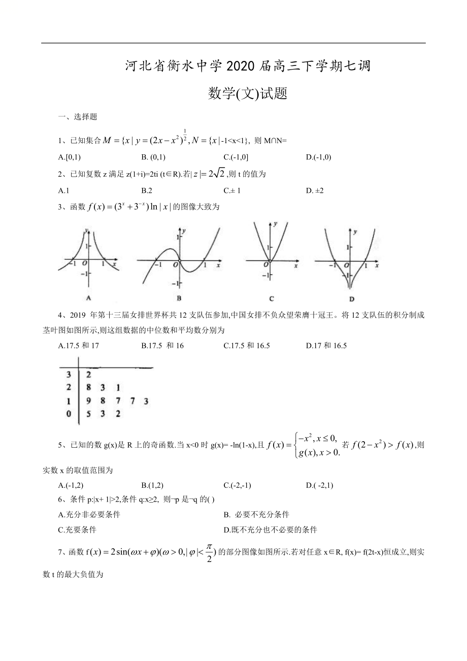 河北省衡水中学2019-2020年高三下学期第七次调研考试数学文科（word版含答案）[共4页]_第1页