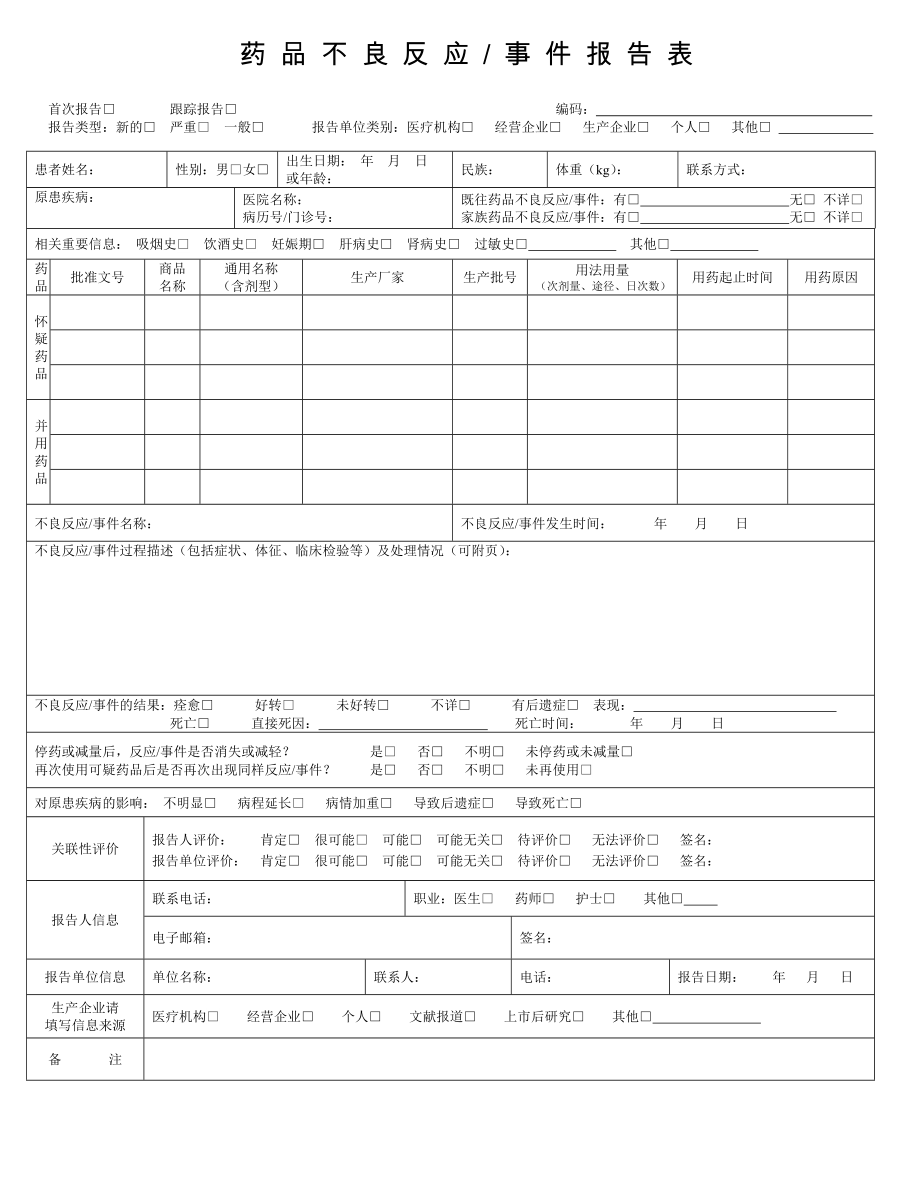 药品不良反应报告表(模板)_第1页