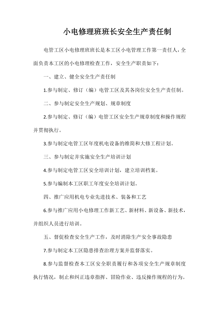 小电修理班班长安全生产责任制_第1页