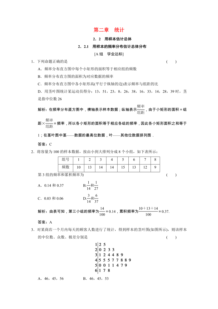 2020-2021学年高中数学第二章统计2.2.1用样本的频率分布估计总体分布课时跟踪训练含解析新人教A版必修_第1页